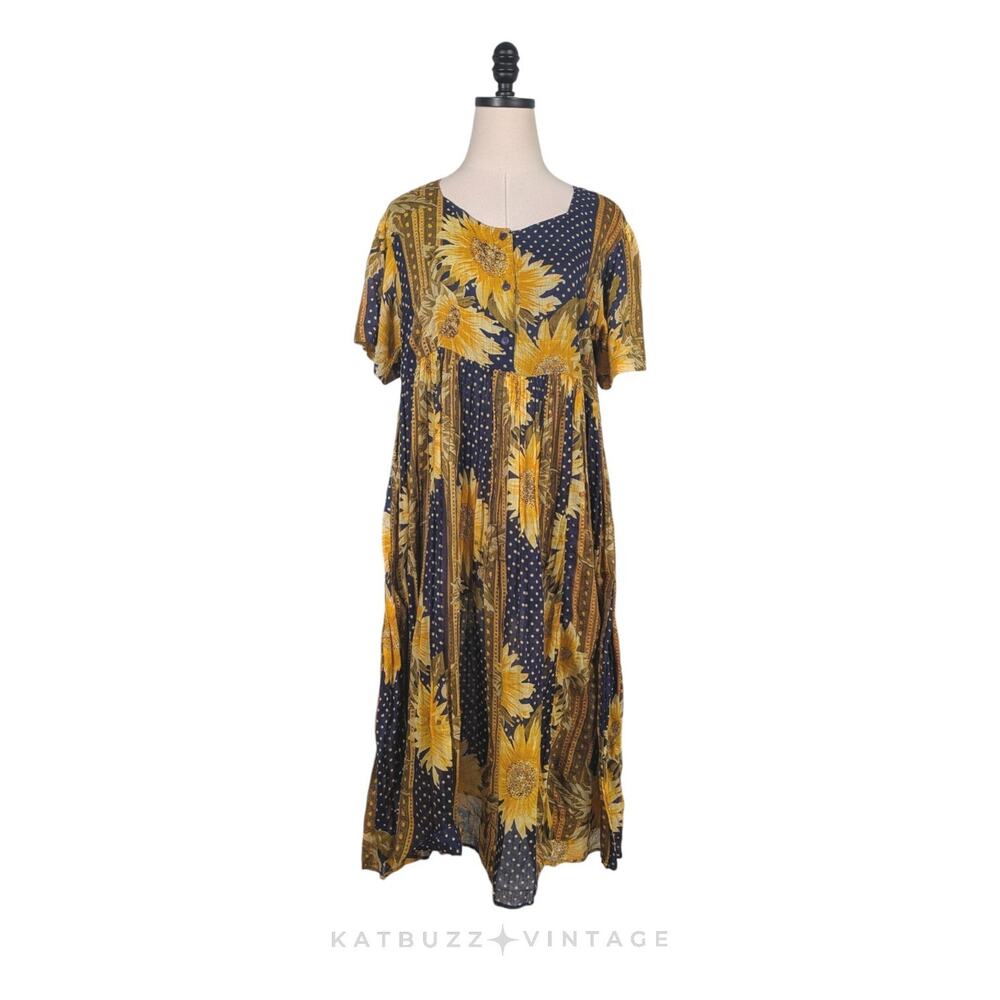 Vintage Short Sleeve Midi Dress M Yellow Blue Cotton Gauze Sunflower Floral 90s